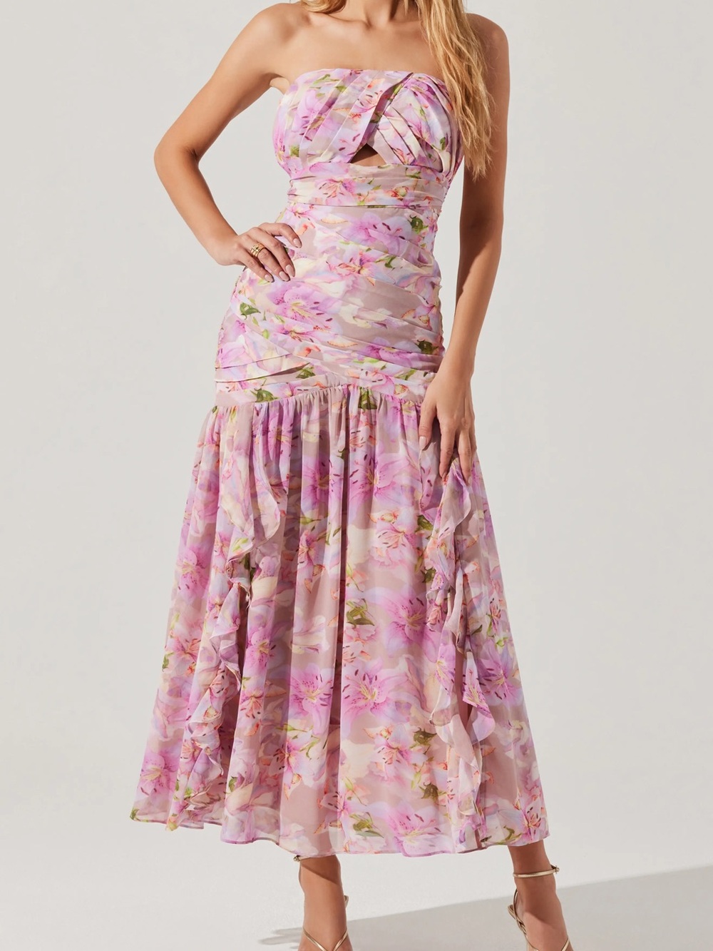 NWT Astr Strapless Pink Floral Maxi Dress
